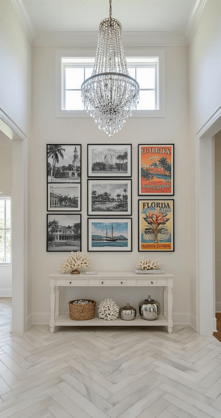 Florida Wall Decor: Bringing the Sunshine State's Vibrant Spirit into Your Home Bright entryway with high ceilings, featuring a statement chandelier, a floor-to-ceiling gallery wall of Florida photography and retro posters, a whitewashed console table with coral and mercury glass, and herringbone marble flooring reflecting light from a transom window.