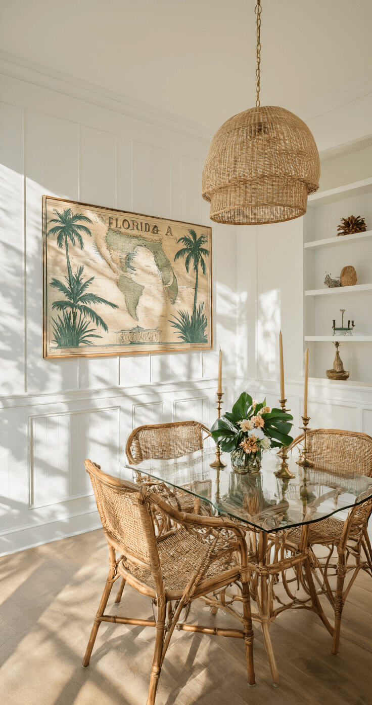 Florida Wall Decor: Bringing the Sunshine State's Vibrant Spirit into Your Home A bright dining room featuring wainscoting and built-in shelving, with a large vintage Florida map on the wall, rattan chairs around a glass-topped table, and a tropical centerpiece, all illuminated by afternoon sunlight creating dramatic shadows.