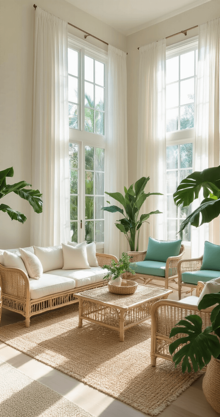 Florida Decor: Transform Your Home into a Sunny, Tropical Paradise A spacious, sunlit Florida living room featuring a vintage rattan sectional with cream cushions, seafoam green accent chairs, and a natural jute rug. Floor-to-ceiling windows draped with sheer white curtains allow soft light to fill the room, adorned with Monstera and palm plants, all set against walls painted in a soft beige.
