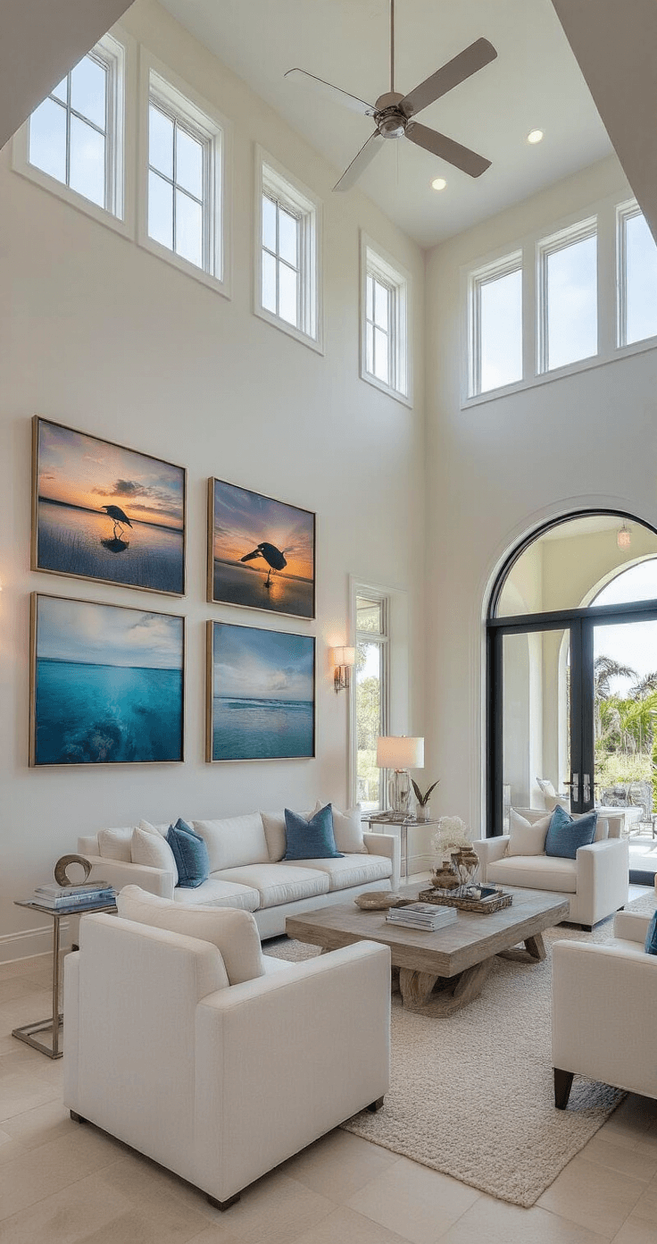Florida Wall Decor: Bringing the Sunshine State's Vibrant Spirit into Your Home A spacious modern great room with high ceilings and clerestory windows, featuring a sophisticated gallery wall of wildlife photography and abstract art, clean-lined white and azure furniture, and metallic accents, captured from the entrance archway with dramatic sunset lighting.