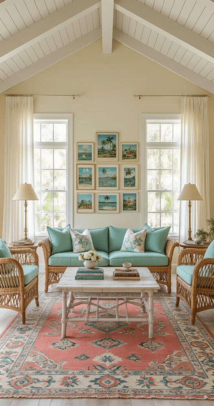 Old Florida Decor: Capturing the Nostalgic Charm of Sunshine State Living A sunlit Florida living room featuring vaulted ceilings with white beams, vintage rattan sofa, soft seafoam green cushions, a palm-pattern rug, weathered bamboo chairs, and a gallery wall of framed postcards, all illuminated warmly at golden hour.