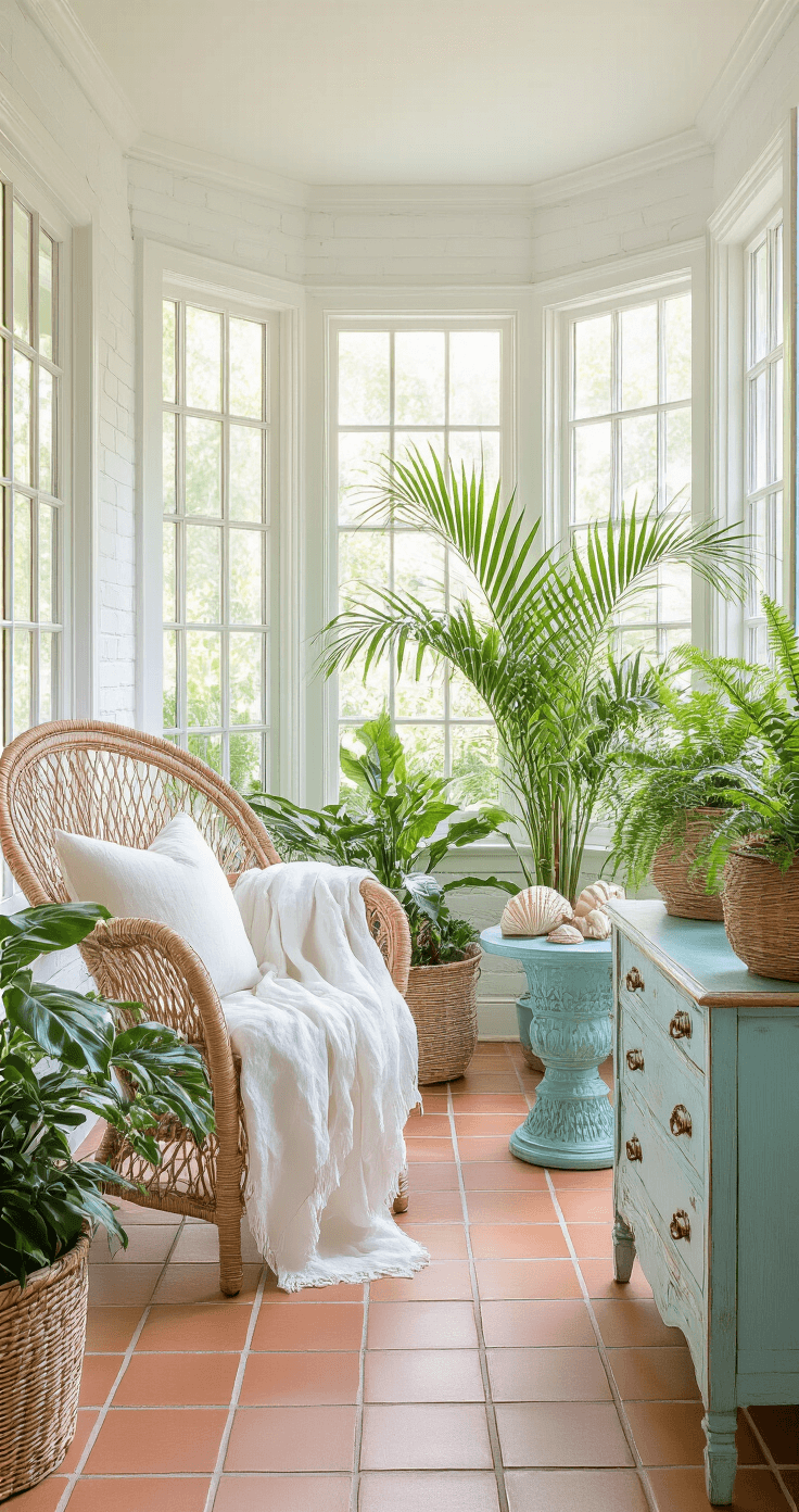 Old Florida Decor: Capturing the Nostalgic Charm of Sunshine State Living A serene corner sunroom with wrap-around windows, featuring white-painted brick walls, terra cotta tile floors, a rattan peacock chair draped in white linen, cascading potted palms, a pale blue ceramic side table with seashells, and a distressed aqua console, all bathed in soft morning light.