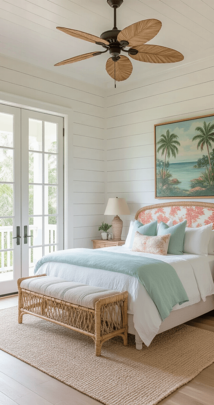 Old Florida Decor: Capturing the Nostalgic Charm of Sunshine State Living Master bedroom featuring whitewashed shiplap walls and pale oak flooring, with a king bed dressed in white and seafoam linens and a vintage coral fabric headboard, cane nightstands with shell-base lamps, a large 1950s Florida landscape painting above the bed, and a rattan ceiling fan, all bathed in warm golden hour light from French doors leading to a covered porch, evoking a romantic and tropical atmosphere.