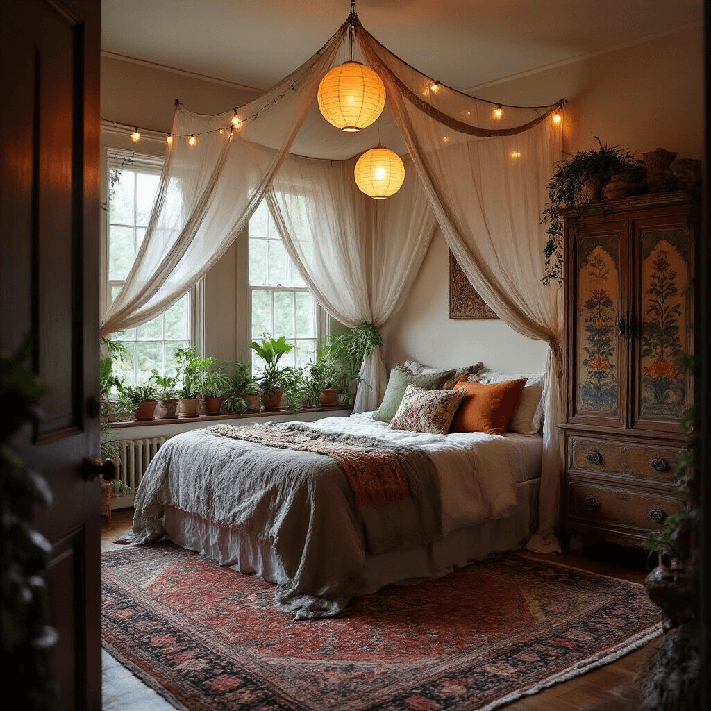 Boho Bedroom Design: Create Your Ultimate Relaxed Sanctuary A cozy twilight bedroom viewed from the doorway, showcasing a canopy bed adorned with sheer fabrics and colorful embroidered pillows, illuminated by warm paper lanterns and string lights. A vintage Persian rug anchors the space, while potted plants line the windowsill and a hand-painted wooden armoire adds character, all captured in a wide-angle perspective to enhance the intimate moody atmosphere.