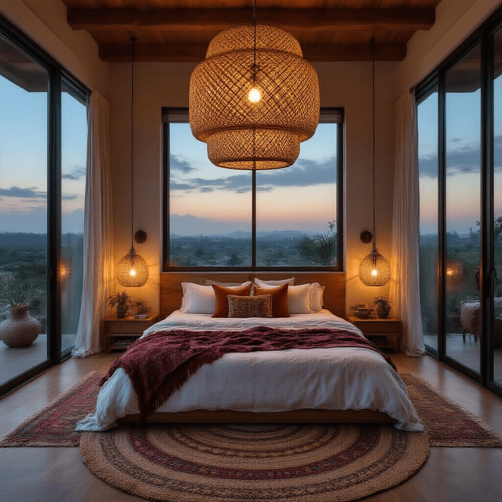 Boho Bedroom Design: Create Your Ultimate Relaxed Sanctuary Dramatic overhead view of a boho master bedroom featuring a king-sized bed with layers of undyed linen and globally-sourced textiles, highlighted by a large rattan pendant lamp and ambient brass sconces, captured during blue hour with a focus on the room's radial symmetry and natural materials.