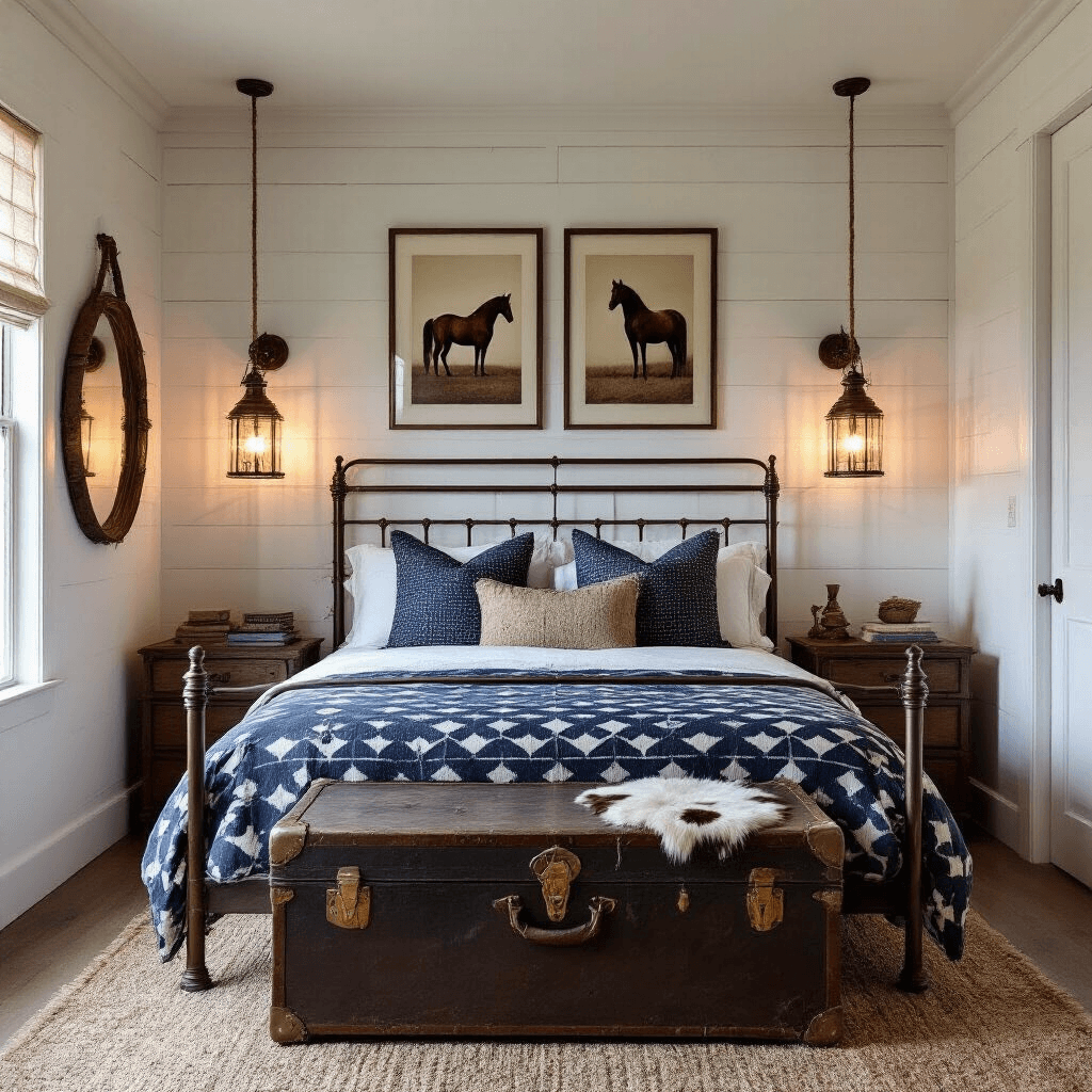 🤠Western Bedroom Design: Creating Your Perfect Rustic Retreat Intimate guest bedroom at dusk, featuring a weathered bronze bed frame with navy and tan geometric bedding, cowhide accent pillows, and a distressed trunk bedside table with a vintage brass lamp. The room is softly illuminated by twin copper lantern sconces, with a rope-wrapped mirror and sepia horse prints on whitewashed walls, captured from a low corner angle to emphasize the moody atmosphere and ceiling height.