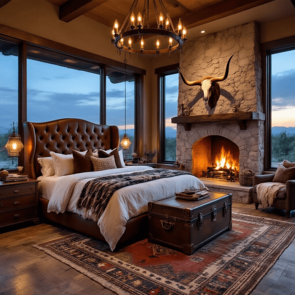 🤠Western Bedroom Design: Creating Your Perfect Rustic Retreat Luxurious master retreat featuring a custom king bed with tufted cognac leather headboard, cream linens, and tribal blankets, illuminated by firelight from a floor-to-ceiling stone fireplace; antique trunk coffee table on a vintage Navajo rug, with a bronze chandelier overhead, showcasing dramatic shadows and architectural details at twilight.