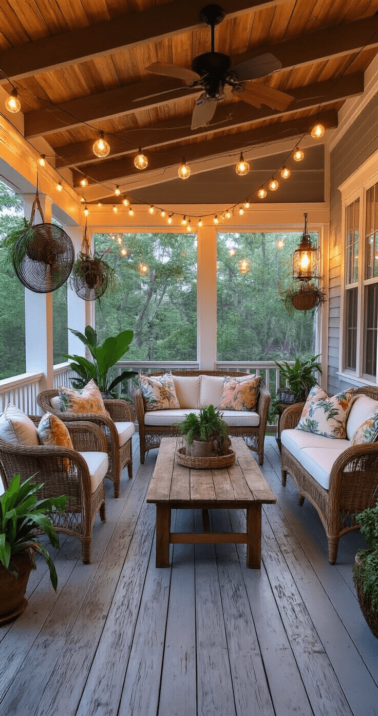 Old Florida Decor: Capturing the Nostalgic Charm of Sunshine State Living A wide-angle view of a screened porch at dusk, featuring exposed beam ceilings with string lights, distressed gray wood flooring, vintage wicker seating with tropical print cushions, a reclaimed boat wood coffee table, and hanging glass globes with air plants. The scene is illuminated with soft mood lighting, creating a magical and relaxed atmosphere.