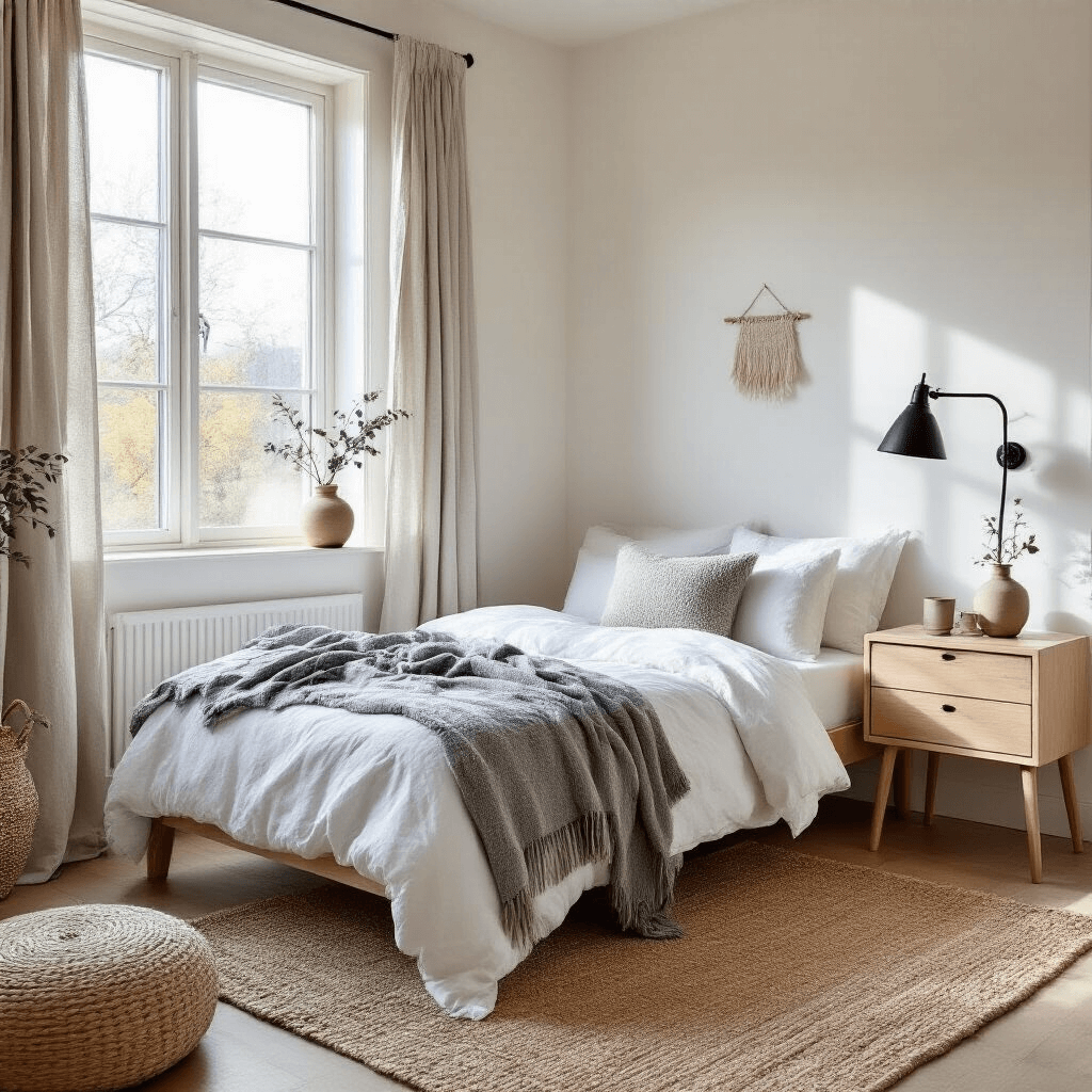 Small Guest Bedroom Ideas: Transform Your Tiny Space into a Cozy Retreat A serene Scandinavian guest bedroom featuring a twin bed with white linens and gray throws, illuminated by warm morning light. A light blonde wood nightstand with a ceramic lamp and vine, a woven jute rug, and a minimalist black reading lamp complete the inviting space adorned with textured linen curtains and a knitted pouf.