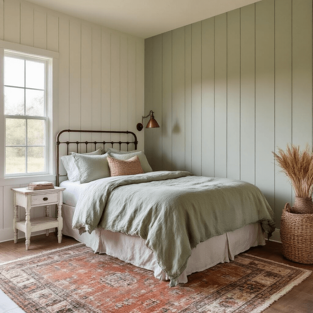 Small Guest Bedroom Ideas: Transform Your Tiny Space into a Cozy Retreat A cozy modern farmhouse guest retreat in a 7x7ft corner space, featuring a vertical shiplap wall in soft sage, an iron-frame double bed with vintage-wash linen, a distressed white oak side table, and an antiqued brass sconce, all beautifully lit during golden hour. Layered vintage rugs in faded terracotta tones, woven basket storage, and a dried wheat bouquet enhance the organic texture and warm color palette of sage green, warm whites, aged brass, and natural wood tones.