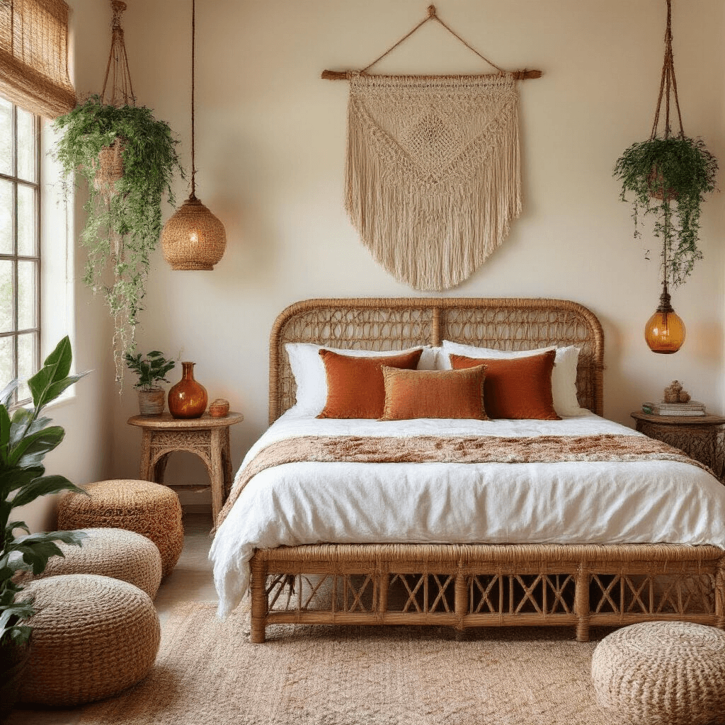 Small Guest Bedroom Ideas: Transform Your Tiny Space into a Cozy Retreat Boho chic micro guest room featuring a rattan bed frame with white and rust-colored pillows, macramé wall hanging, hanging plants, carved wooden mirror, amber glass lamp on a side table, Moroccan poufs, and a jute carpet in an earth-tone palette.