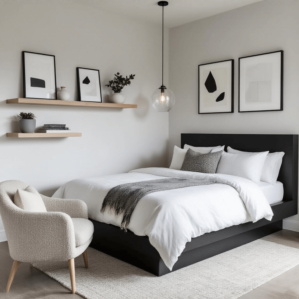 Small Guest Bedroom Ideas: Transform Your Tiny Space into a Cozy Retreat Minimalist guest bedroom featuring a matte black platform bed with white bedding, pale ash wood floating shelves with monochrome art, and a bouclé accent chair, illuminated by a clear glass pendant light, showcasing cool-toned grays and whites.