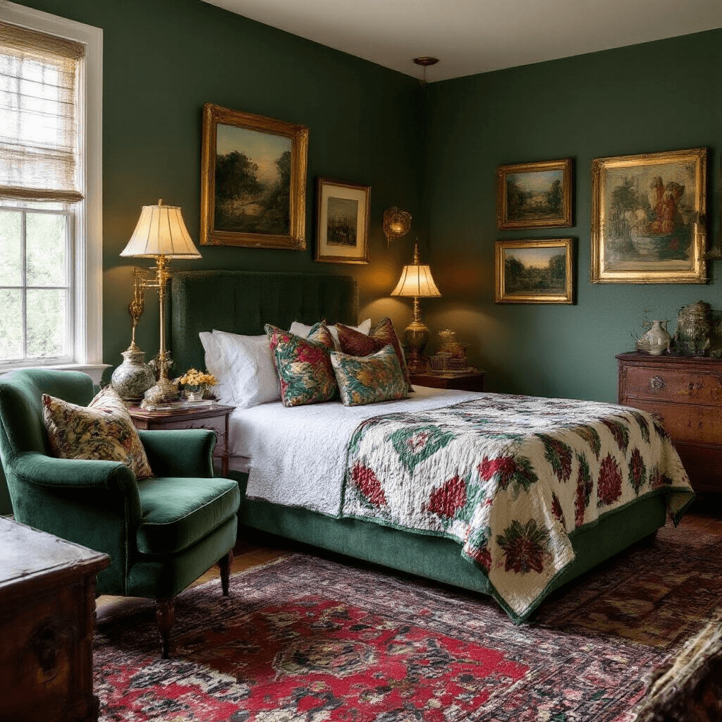 Small Guest Bedroom Ideas: Transform Your Tiny Space into a Cozy Retreat Cozy guest space at dusk featuring a low-profile queen bed with vintage quilts and mixed pattern pillows, a gallery wall of brass-framed art, an emerald green velvet chair, and ambient lighting from vintage lamps, complemented by Persian rugs and ceramic vases in a rich color palette.