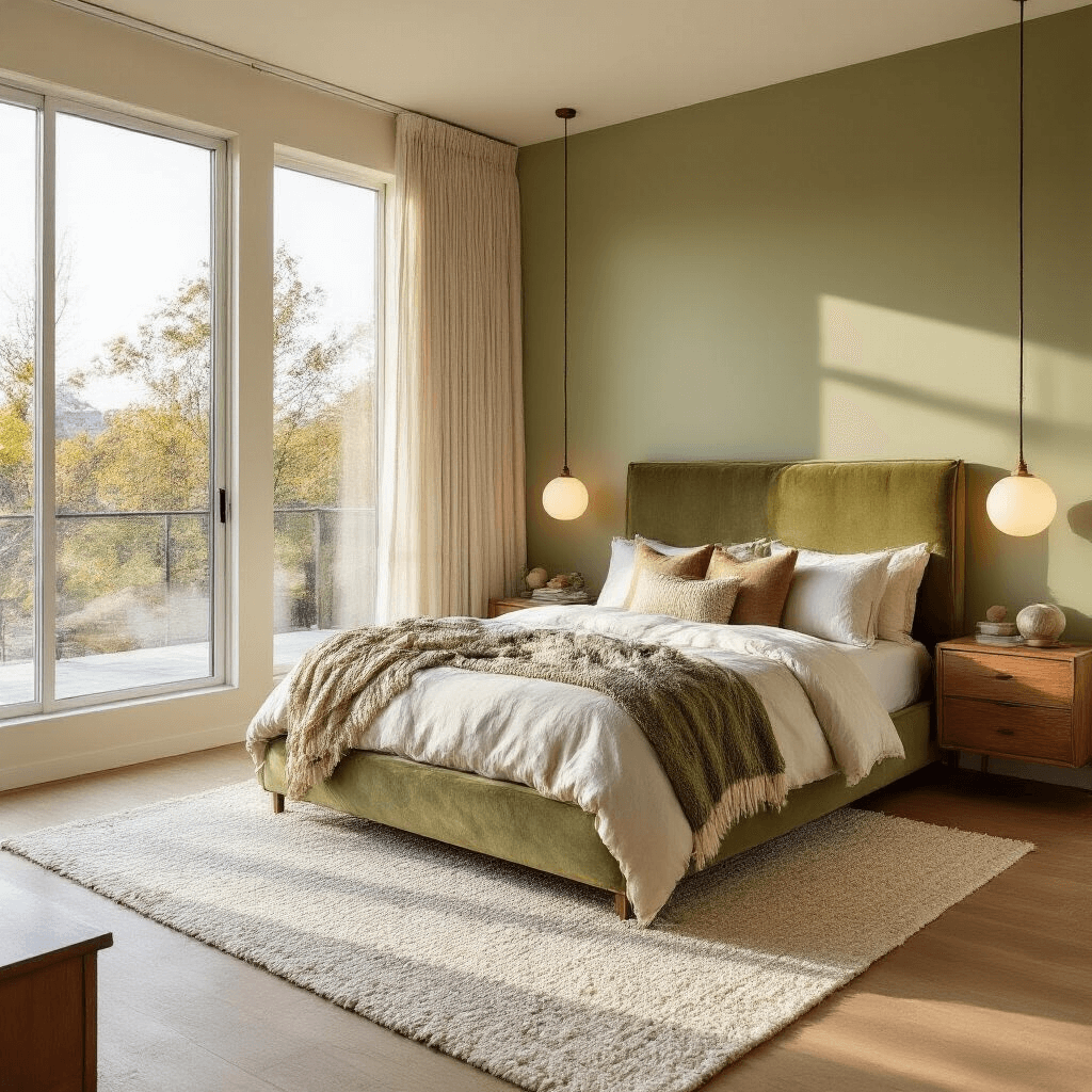 Bedroom Decor Makeover: 10 Transformative Design Ideas to Elevate Your Personal Sanctuary A serene bedroom featuring a platform bed with an olive velvet headboard, dressed in cream linens and chunky knit throws, illuminated by golden hour light through floor-to-ceiling windows. Flanked by floating walnut nightstands with ceramic globe lamps, the room has soft sage green walls and bleached oak flooring, with a textured ivory and pale blue wool area rug defining the sleeping area.