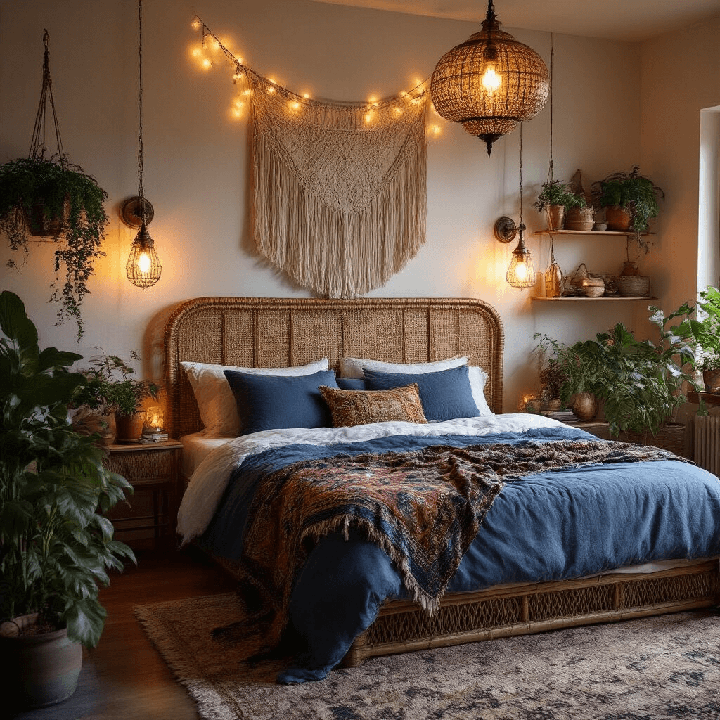 Bedroom Decor Makeover: 10 Transformative Design Ideas to Elevate Your Personal Sanctuary A cozy 12x12ft bohemian bedroom at twilight, featuring a king-sized bed with a rattan headboard, indigo pillows, and a Moroccan blanket, illuminated by vintage sconces, fairy lights, and a modern chandelier. Potted plants and travel artifacts on copper shelves add to the warm, intimate atmosphere.
