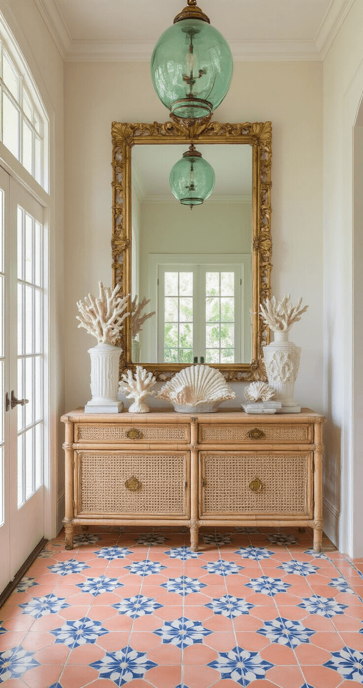 Old Florida Decor: Capturing the Nostalgic Charm of Sunshine State Living A bright entryway foyer featuring Cuban tile flooring in pale coral and blue, a vintage rattan console table with brass accents, a large gilded mirror with a shell frame, and a collection of coral specimens on white pedestals, all illuminated by morning light streaming through the front door and sidelights. The space exudes a welcoming, coastal vibe.