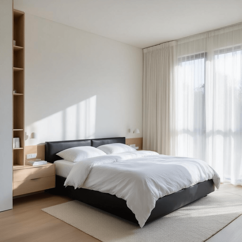 Bedroom Decor Makeover: 10 Transformative Design Ideas to Elevate Your Personal Sanctuary A bright minimalist primary bedroom featuring a low-profile black platform bed dressed in white linen, sheer curtains, pale ash wood storage, and a clean, organized aesthetic.