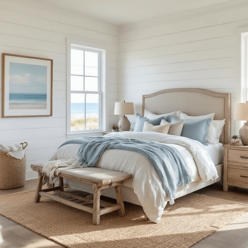 Bedroom Decor Makeover: 10 Transformative Design Ideas to Elevate Your Personal Sanctuary A sunlit coastal contemporary bedroom featuring a white shiplap accent wall, natural linen headboard, layered bedding in sand and blue hues, a jute rug, and weathered oak furniture, captured from above to highlight the airy atmosphere.