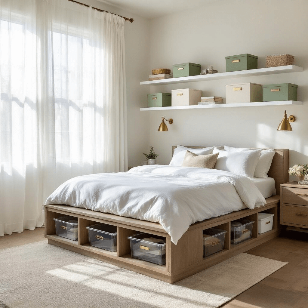 Bedroom Storage Ideas: Transform Your Space from Cluttered to Chic A contemporary bedroom featuring a modern platform storage bed in weathered oak with white linens, bathed in soft morning light through sheer white curtains, and accented by floating white shelves displaying decorative items and organized storage boxes.