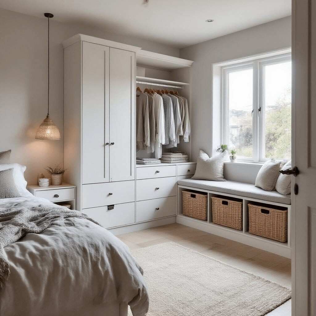 Bedroom Storage Ideas: Transform Your Space from Cluttered to Chic A Scandinavian-inspired bedroom featuring a multifunctional white dresser with an extending clothes rail, natural rattan storage baskets under a window seat, and minimalist floating nightstands, all bathed in soft natural light.