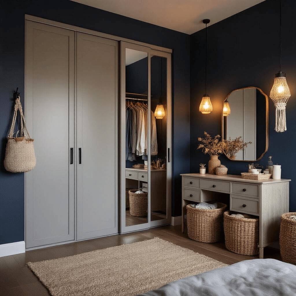 Bedroom Storage Ideas: Transform Your Space from Cluttered to Chic Cozy 11x13ft bedroom at dusk featuring pearl gray mirror wardrobes, ambient LED lighting, macramé pouches, woven baskets under a vintage vanity, and a deep navy accent wall, shot from an elevated angle for a moody atmosphere.