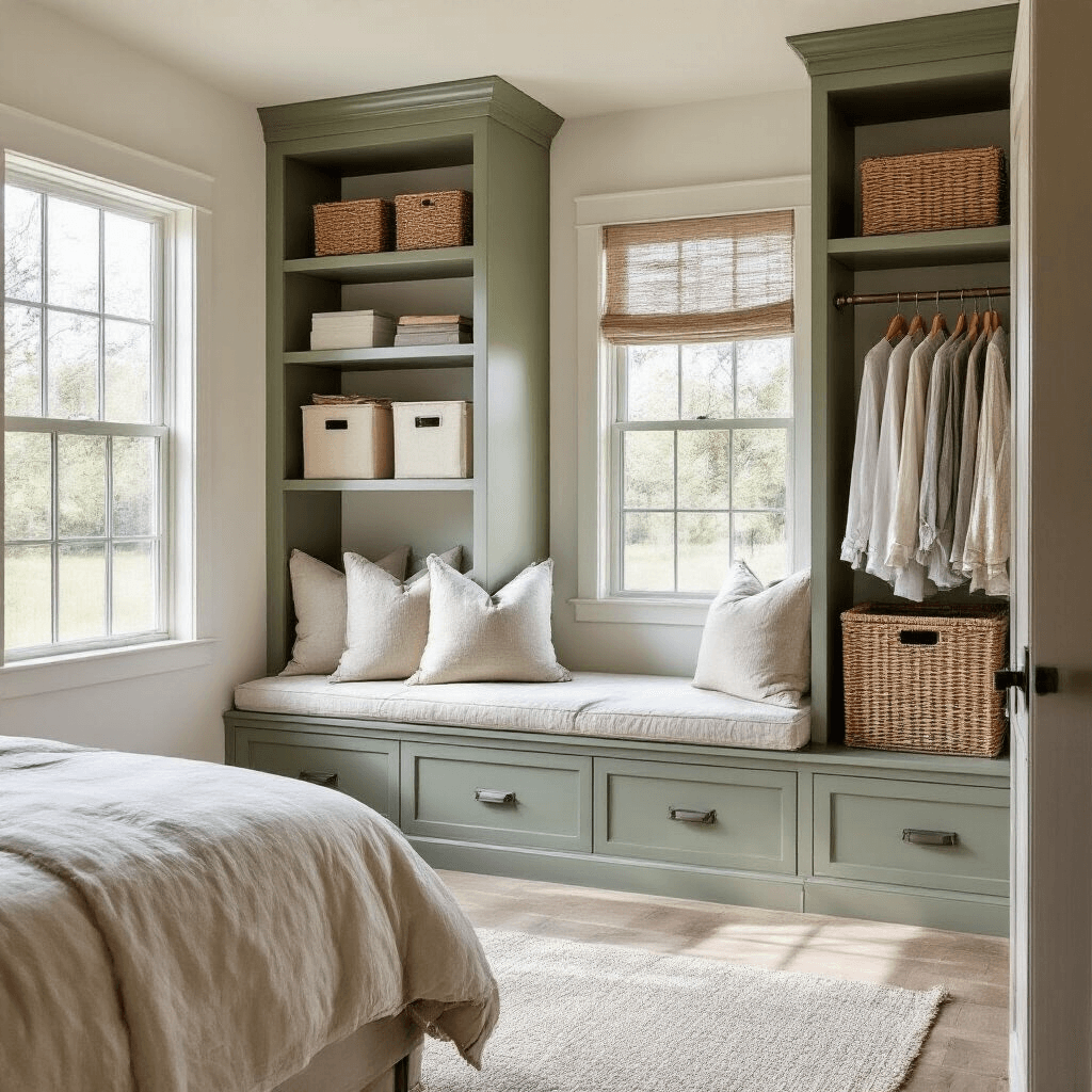 Bedroom Storage Ideas: Transform Your Space from Cluttered to Chic A modern farmhouse bedroom featuring a built-in sage green window seat with linen cushions, distressed white wood shelving with storage bins, an oil-rubbed bronze rolling garment rack, and balanced afternoon natural lighting.