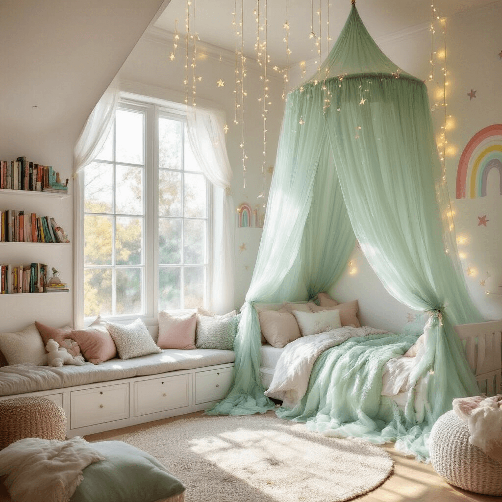Toca Boca Bedroom Design: Creating Magical and Playful Spaces in Your Virtual World A whimsical child's bedroom with a mint green canopy bed, pastel rainbow wall decals, and a cozy reading nook, all illuminated by soft afternoon sunlight and twinkling fairy lights.