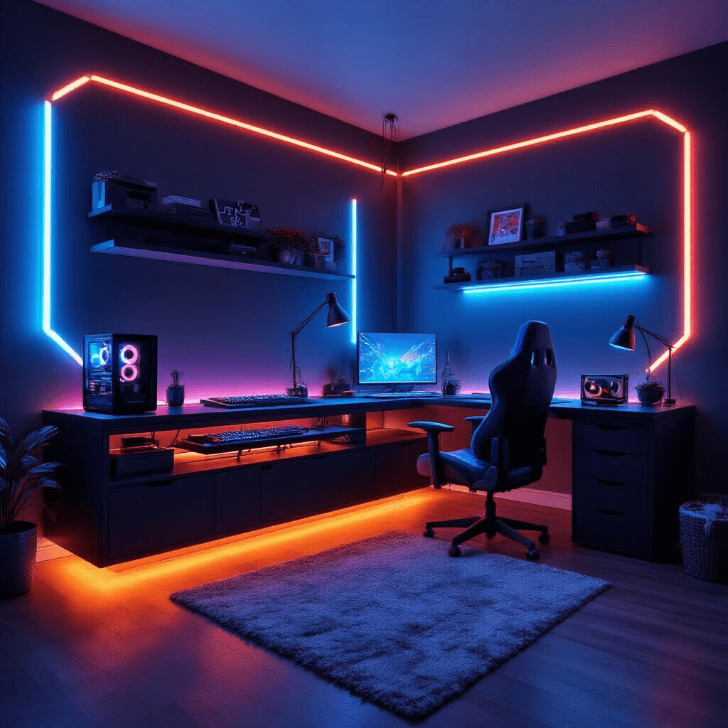 Toca Boca Bedroom Design: Creating Magical and Playful Spaces in Your Virtual World Cozy gaming-inspired bedroom featuring a floating RGB illuminated gaming station against charcoal walls, sleek black and electric blue furniture, and dynamic moody lighting for a futuristic cyber-punk atmosphere.