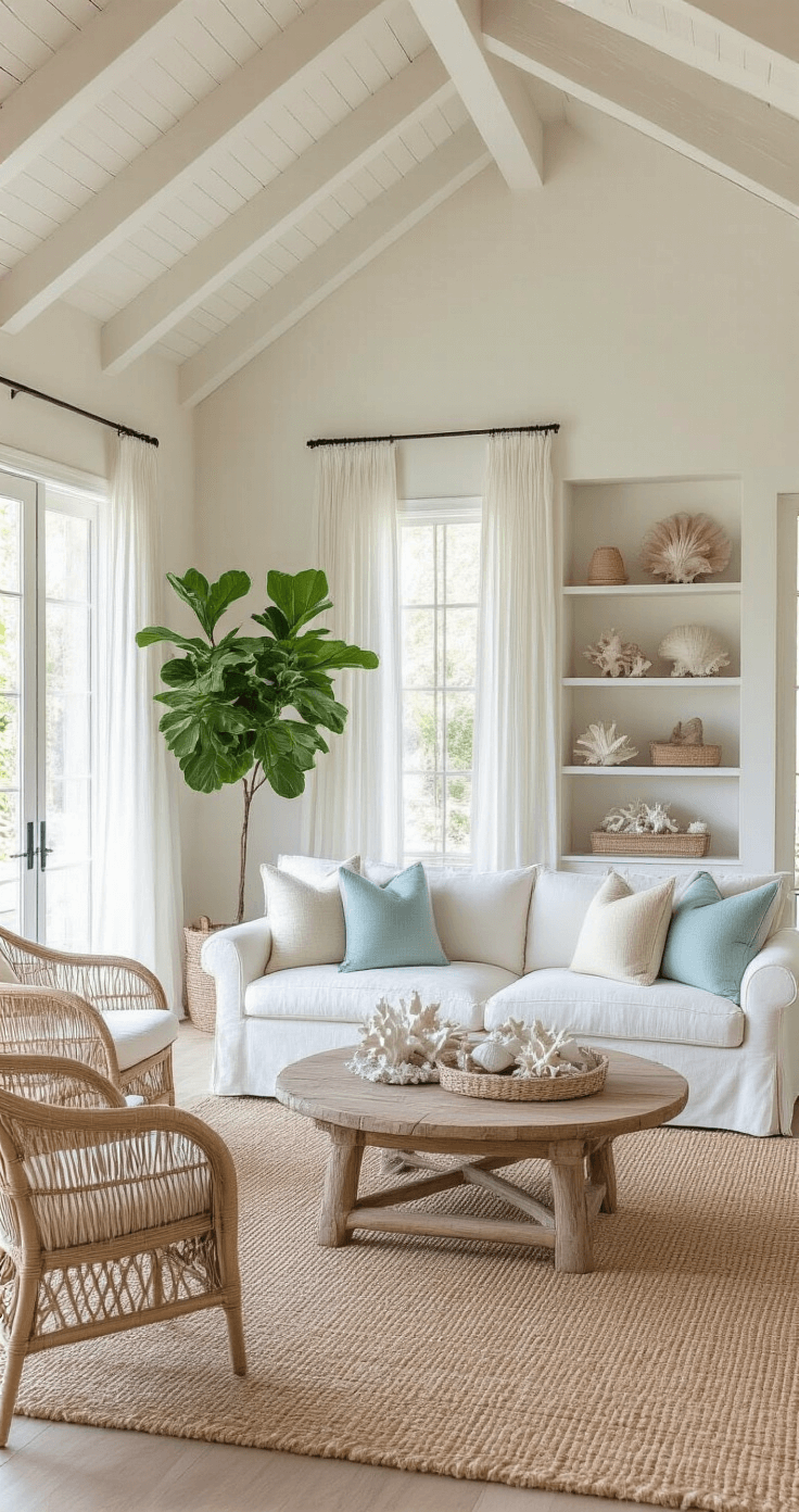 Coastal Decor: Transform Your Home into a Seaside Sanctuary A sunlit living room features vaulted ceilings, exposed beams, and floor-to-ceiling windows. An ivory slipcovered sofa and driftwood coffee table sit on a jute rug, surrounded by rattan chairs and a fiddle leaf fig. Soft blue and sea glass accents adorn the decor, while sheer white curtains sway gently in the breeze.