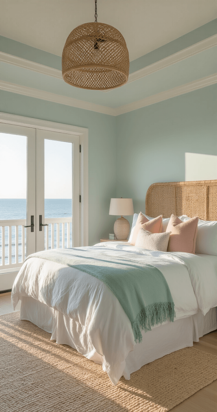 Florida Decor: Transform Your Home into a Sunny, Tropical Paradise Coastal master bedroom retreat featuring a king-sized bed with white linens and mint and blush pillows, a woven rattan headboard, pale blue walls, and a seagrass pendant light, all illuminated by golden hour lighting from French doors leading to a balcony.