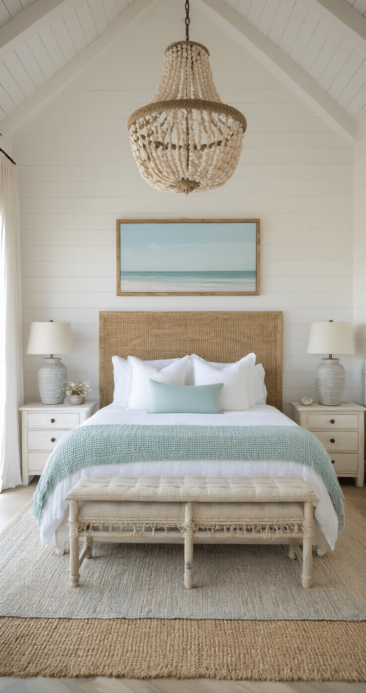 Coastal Decor: Transform Your Home into a Seaside Sanctuary A serene master bedroom at dawn, featuring a king bed with white linens and a pale aqua chunky knit throw, seagrass headboard, whitewashed nightstands, and ocean views framed by gauzy drapes, all illuminated by a capiz shell chandelier and distressed ceramic table lamps on layered rugs.