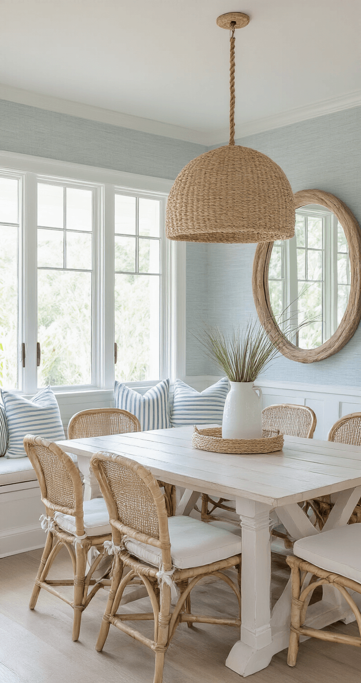 Coastal Decor: Transform Your Home into a Seaside Sanctuary Airy dining space featuring a whitewashed trestle table with six rattan-backed chairs, an oversized rope-wrapped pendant light above, a built-in window seat with coastal-striped pillows, a white ceramic vase with beach grasses, pale blue grasscloth wallpaper, and a driftwood mirror reflecting window light.