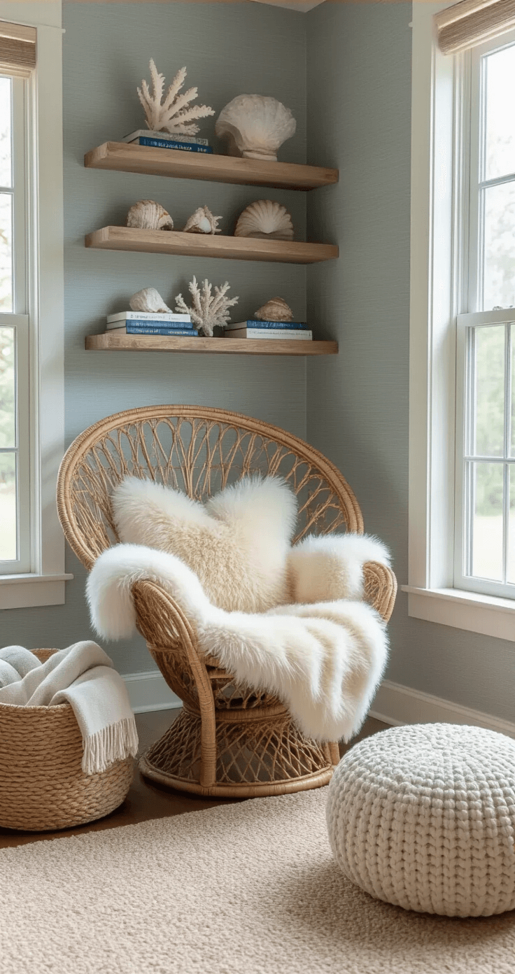 Coastal Decor: Transform Your Home into a Seaside Sanctuary Cozy reading nook featuring an oversized rattan peacock chair draped with a cream sheepskin throw, illuminated by afternoon light streaming through floor-to-ceiling windows, with weathered oak floating shelves displaying coral and maritime books, a chunky ivory cable knit pouf, and a seagrass basket of rolled blankets against a blue-grey grasscloth wallcovering.