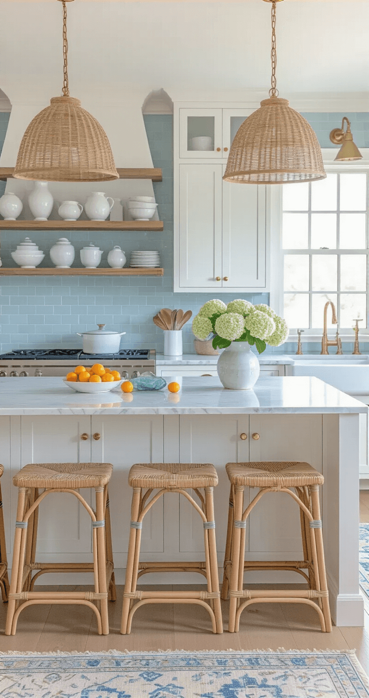 Coastal Decor: Transform Your Home into a Seaside Sanctuary Bright coastal kitchen featuring white shaker cabinets with brass hardware, marble counters, and a pale blue subway tile backsplash. Open shelving showcases white pottery and sea glass, with rattan pendant lights above a marble island. A vintage runner in faded blues and sandy beiges contrasts with white oak floors. Fresh citrus and hydrangeas add a vibrant touch, captured from counter height to highlight the leading lines.