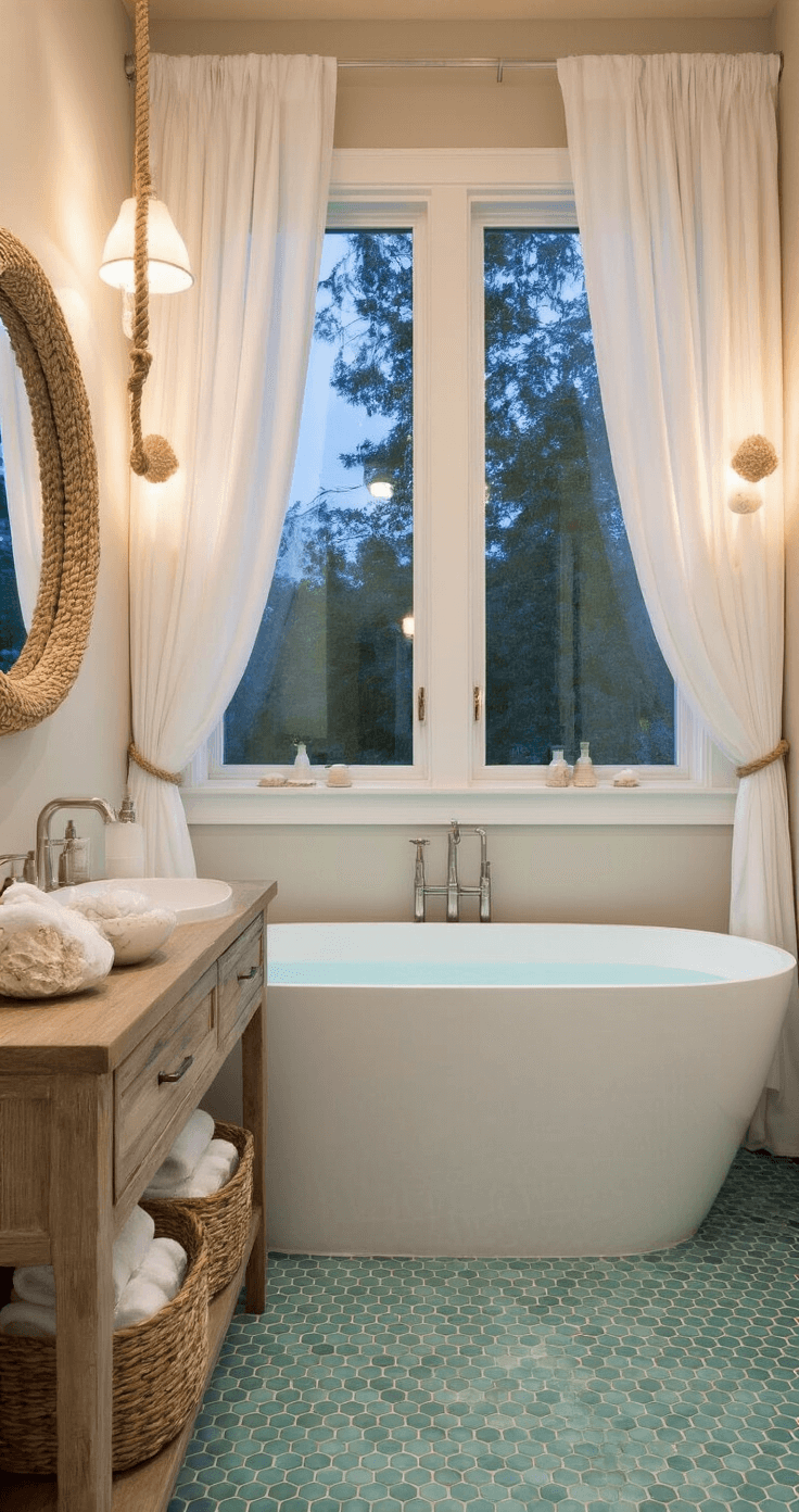 Coastal Decor: Transform Your Home into a Seaside Sanctuary A cozy bathroom sanctuary at dusk featuring a freestanding soaking tub beneath billowy white curtains, a driftwood-finished floating vanity with a rope-wrapped mirror, sea glass-colored penny tile flooring, and woven baskets filled with rolled white towels, all illuminated by warm light from shell-encrusted sconces. Reflections enhance the depth of the scene.
