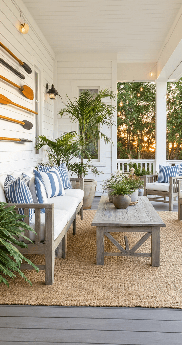 Coastal Decor: Transform Your Home into a Seaside Sanctuary A wide-angle view of a covered porch at sunset, featuring a weathered teak sofa with coastal blue striped cushions, matching lounge chairs, and a distressed wood coffee table, adorned with vintage oars on white board-and-batten walls, potted palms in ceramic planters, a sisal rug, and string lights creating a warm ambiance.