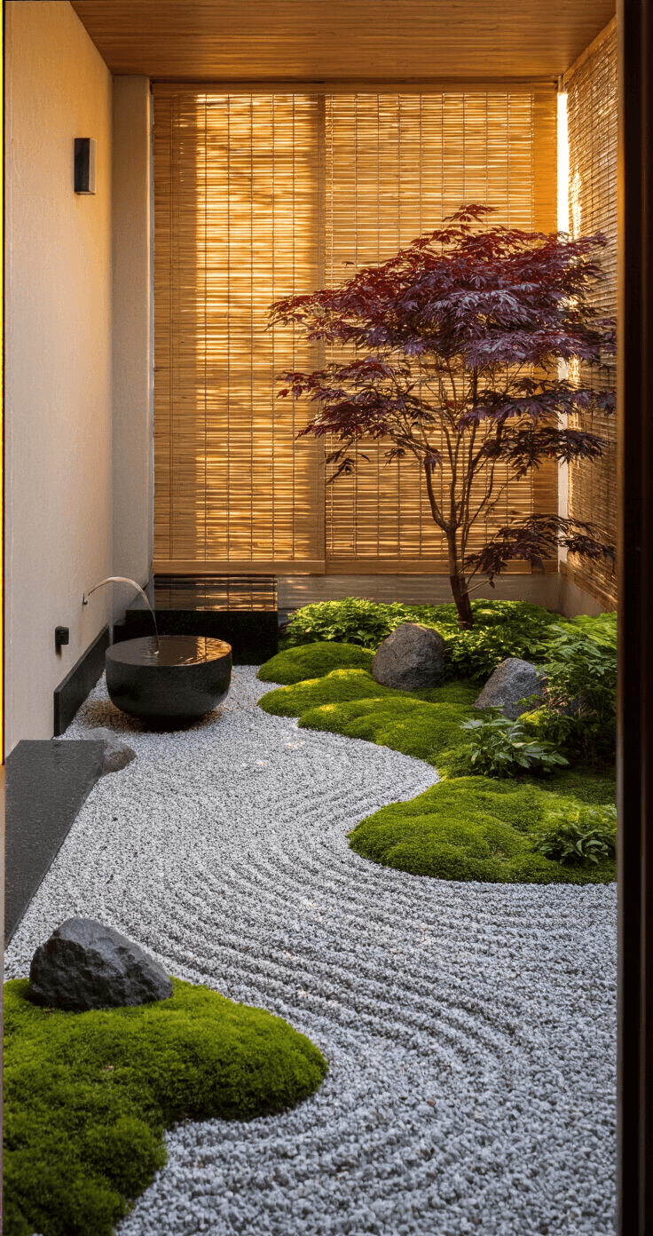 Transform Your Tiny Space: The Ultimate Guide to Creating a Serene Small Japanese Garden A serene urban balcony transformed into a Japanese garden, featuring a dwarf Japanese maple, granite boulders, and a minimalist black stone basin with trickling water, basking in warm golden hour light filtered through a bamboo screen.