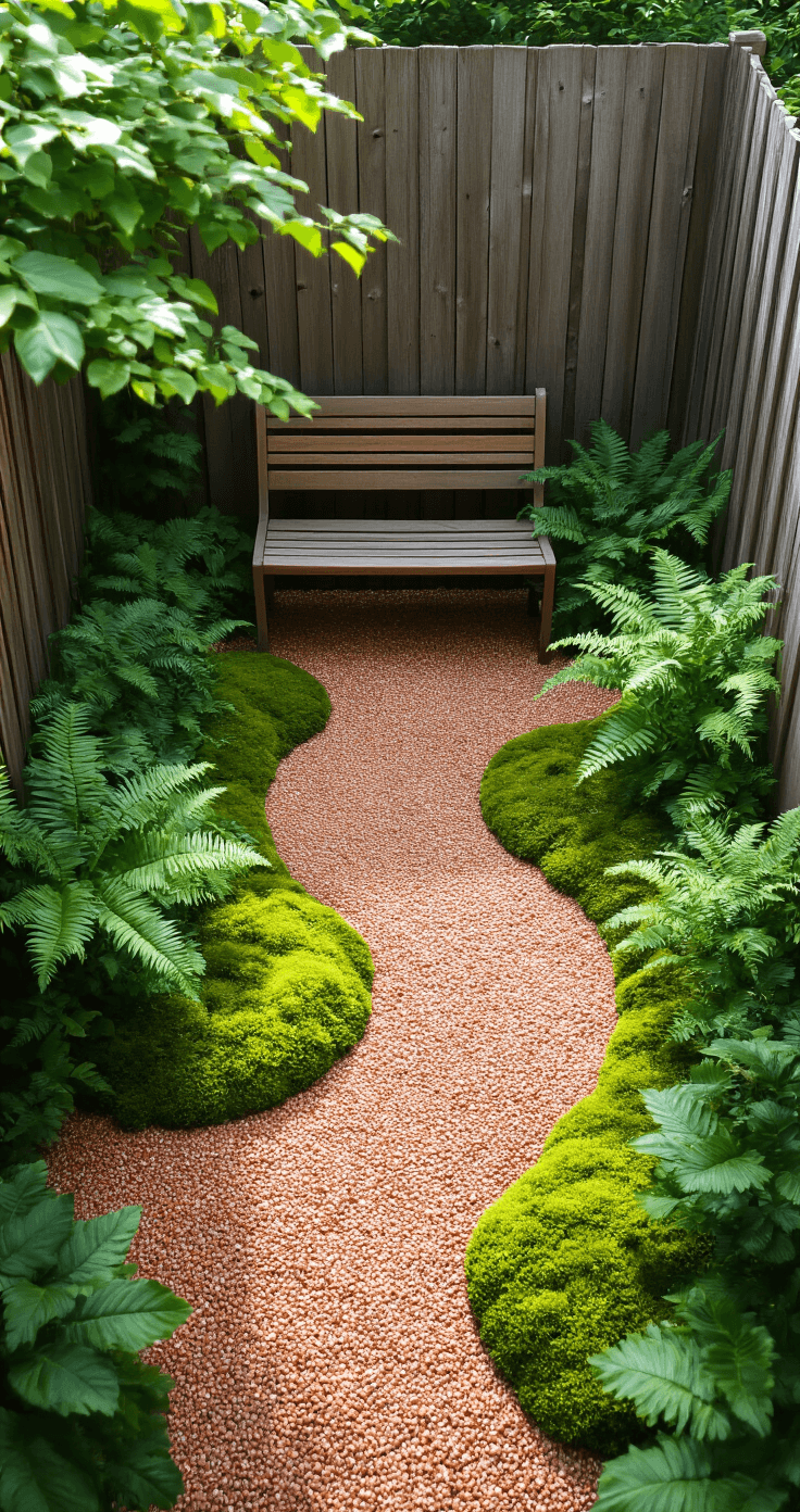 Transform Your Tiny Space: The Ultimate Guide to Creating a Serene Small Japanese Garden Aerial view of an intimate corner garden featuring winding copper-toned gravel paths, vibrant green moss, and dark green ferns, with a small wooden bench against a weathered cedar fence, showcasing detailed textures in foliage and stone.