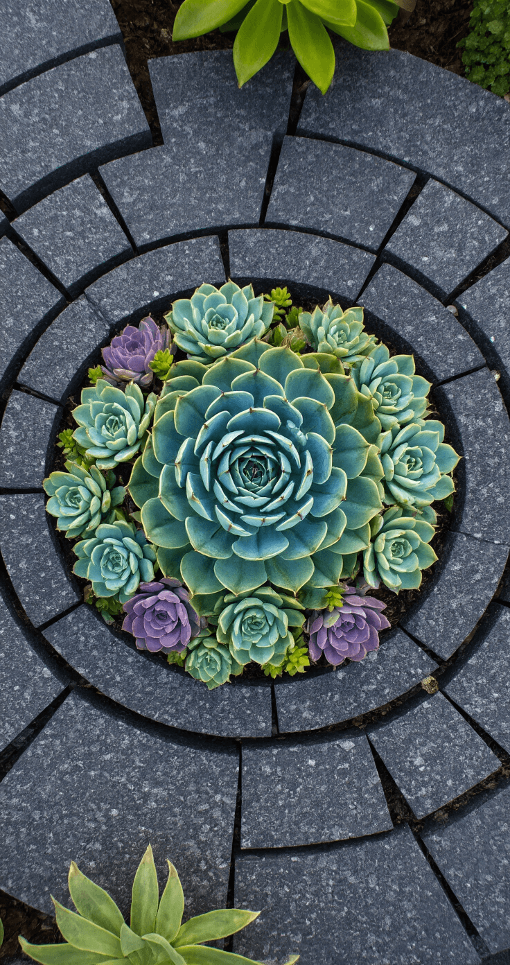 Stone Garden Beds: The Ultimate Guide to Creating a Stunning Outdoor Landscape An overhead drone shot of a modern minimalist stone garden bed featuring morning dew on succulents, including blue-green and purple Echeveria rosettes arranged in a spiral pattern within dark charcoal granite blocks. Small sedums fill gaps, and crushed granite mulch contrasts the structured design.