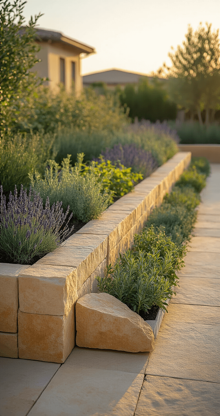 Stone Garden Beds: The Ultimate Guide to Creating a Stunning Outdoor Landscape A golden hour photograph of a Mediterranean-style raised herb garden featuring buff-colored sandstone blocks, with lavender, rosemary, and sage plants thriving in warm evening light.