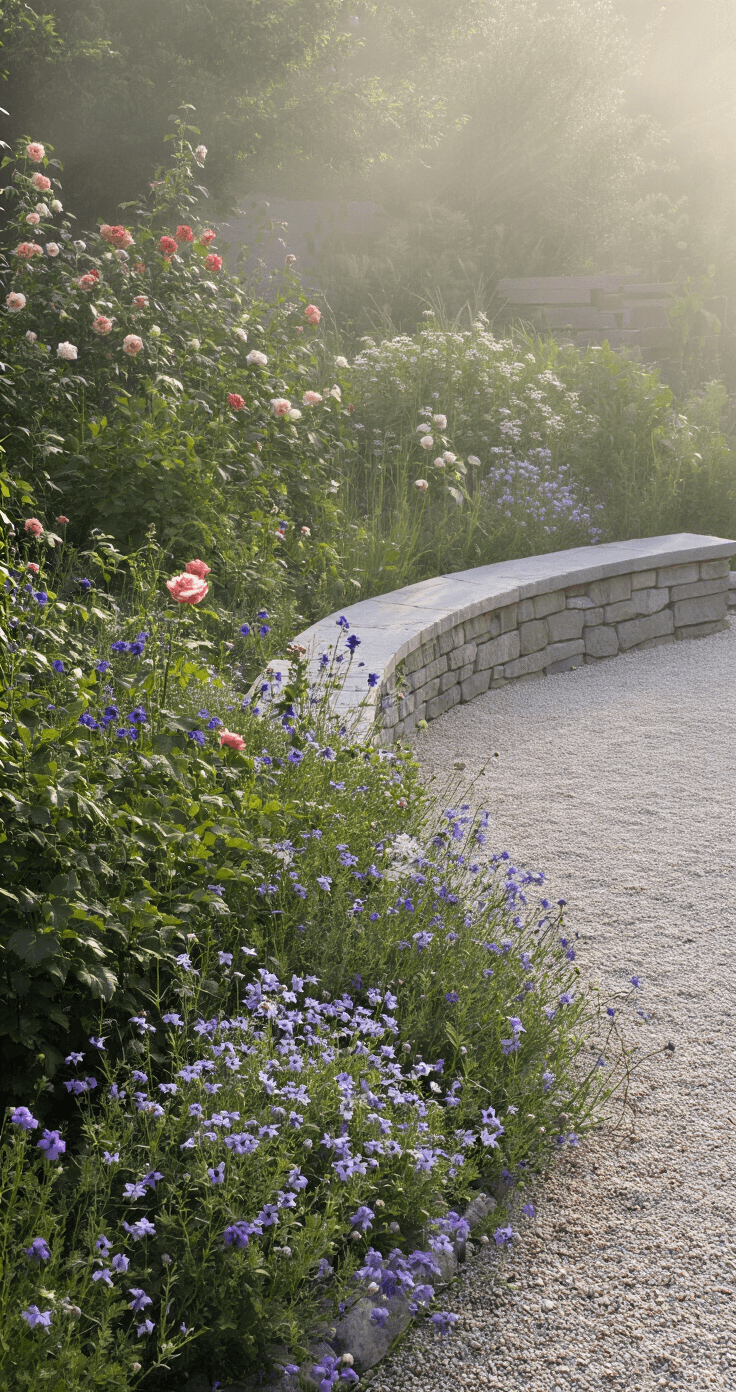 Stone Garden Beds: The Ultimate Guide to Creating a Stunning Outdoor Landscape A serene dawn scene featuring a curved stone bed made of soft gray limestone, adorned with English roses, bellflowers, and creeping phlox, set against a misty background with gentle backlighting creating a halo effect around the flowers.