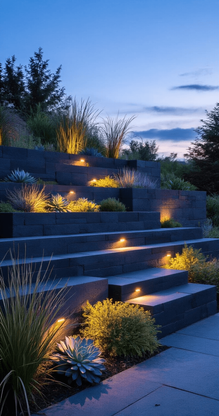 Stone Garden Beds: The Ultimate Guide to Creating a Stunning Outdoor Landscape Dramatic twilight image of a three-tiered stone garden bed made of dark basalt blocks, featuring strategic uplighting that highlights the textures and showcases architectural succulents and ornamental grasses against a backdrop of cool blue and warm lighting.
