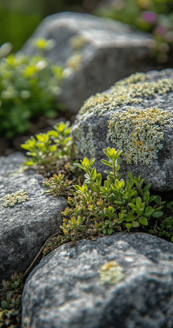 Stone Garden Beds: The Ultimate Guide to Creating a Stunning Outdoor Landscape A close-up view of lichen-covered stones and alpine plants in a natural garden bed, showcasing weathered granite blocks and vibrant plant details, captured in bright, diffused midday light with a shallow depth of field.