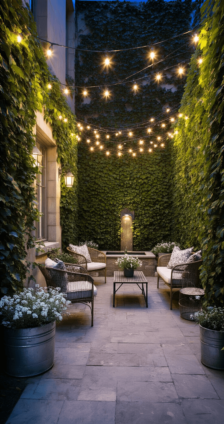 French Courtyard Gardens: Creating Your Own Slice of Parisian Charm Moonlit urban courtyard with string lights overhead, ivy-covered walls, and zinc planters filled with white flowering tobacco and silver artemisia; weathered limestone pavers lead to a small fountain, surrounded by vintage metal and rattan seating, all illuminated in dramatic nighttime lighting.