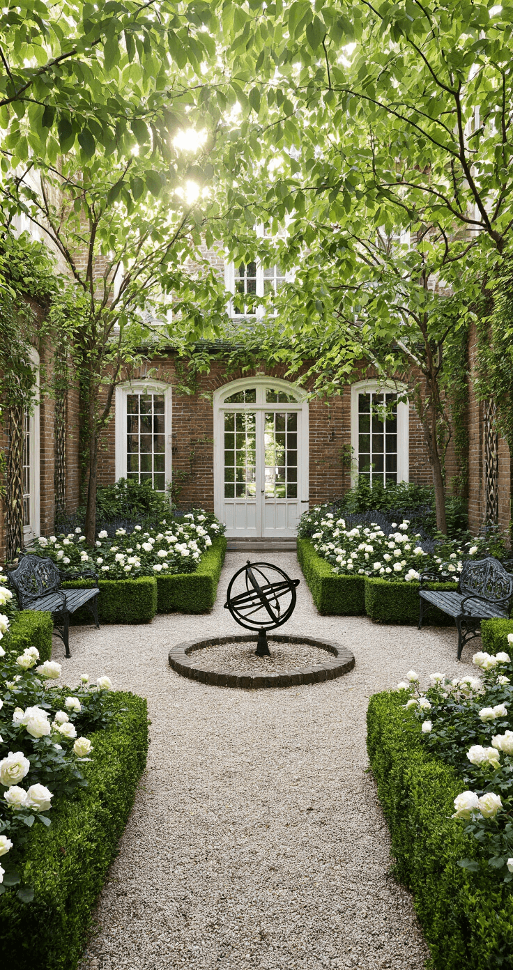 French Courtyard Gardens: Creating Your Own Slice of Parisian Charm A classical courtyard with mid-morning light, featuring a central gravel circle with an antique armillary sphere, framed by clipped boxwood hedges, white roses, and lavender. Dappled shade from linden trees over matching iron benches, with aged brick walls and espaliered pear trees, complemented by billowing perennials in a traditional color palette of deep greens, whites, and dusty purples.