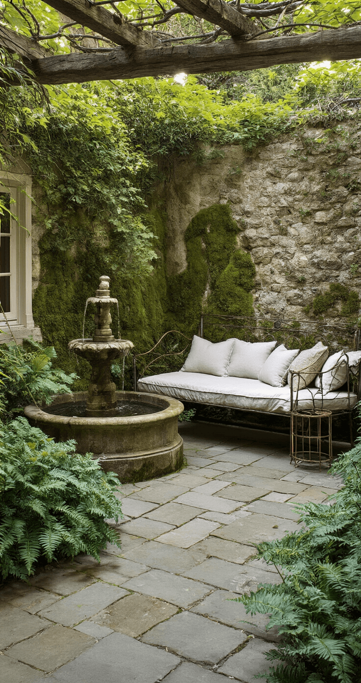 French Courtyard Gardens: Creating Your Own Slice of Parisian Charm A romantic courtyard nook at dawn, featuring an antique limestone fountain, Belgian bluestone pavers, lush hellebores and ferns, a vintage metal daybed with weathered linens, and copper plant stands, all enveloped in rich greens and deep shadows.