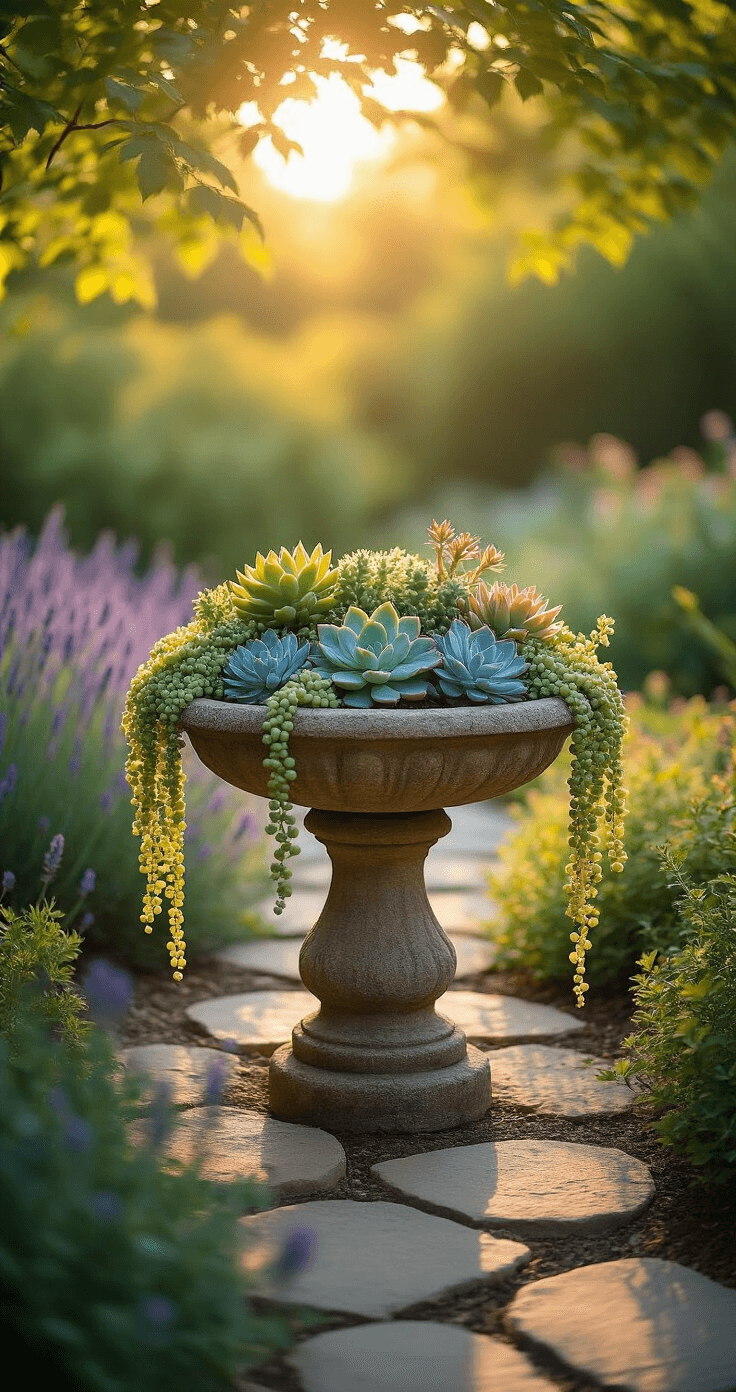 Bird Baths with Flowers: A Garden Lover's Ultimate Guide to Stunning Outdoor Decor A sunlit garden corner at golden hour featuring a weathered stone bird bath overflowing with succulents, including string of pearls and echeveria, surrounded by dappled light from overhead maple branches. A blurred cottage garden with lavender patches serves as the background, while a natural stone path leads to the focal point.