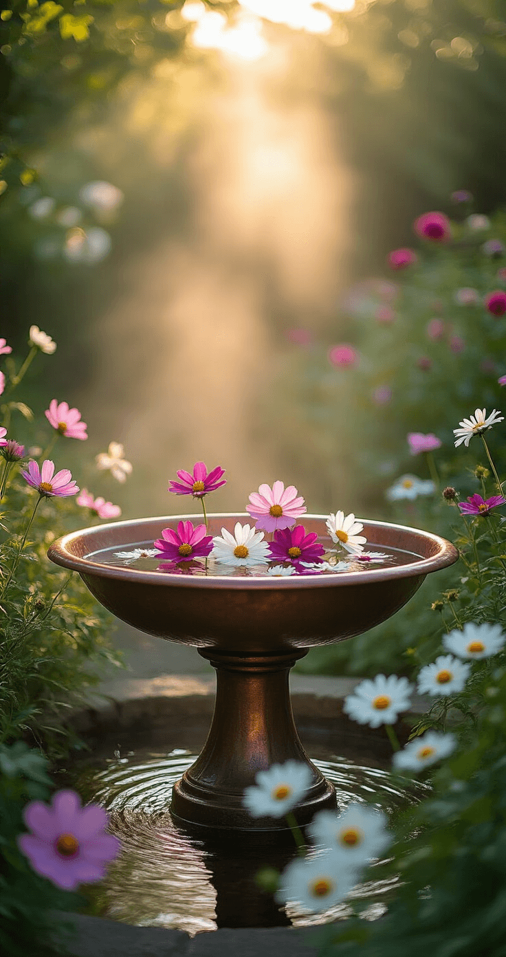 Bird Baths with Flowers: A Garden Lover's Ultimate Guide to Stunning Outdoor Decor A morning scene featuring a tall elevated copper bird bath surrounded by pink cosmos and white daisies, with floating purple and cream flowers in the patinated bowl, reflecting the garden mist and climbing roses in the blurred background.
