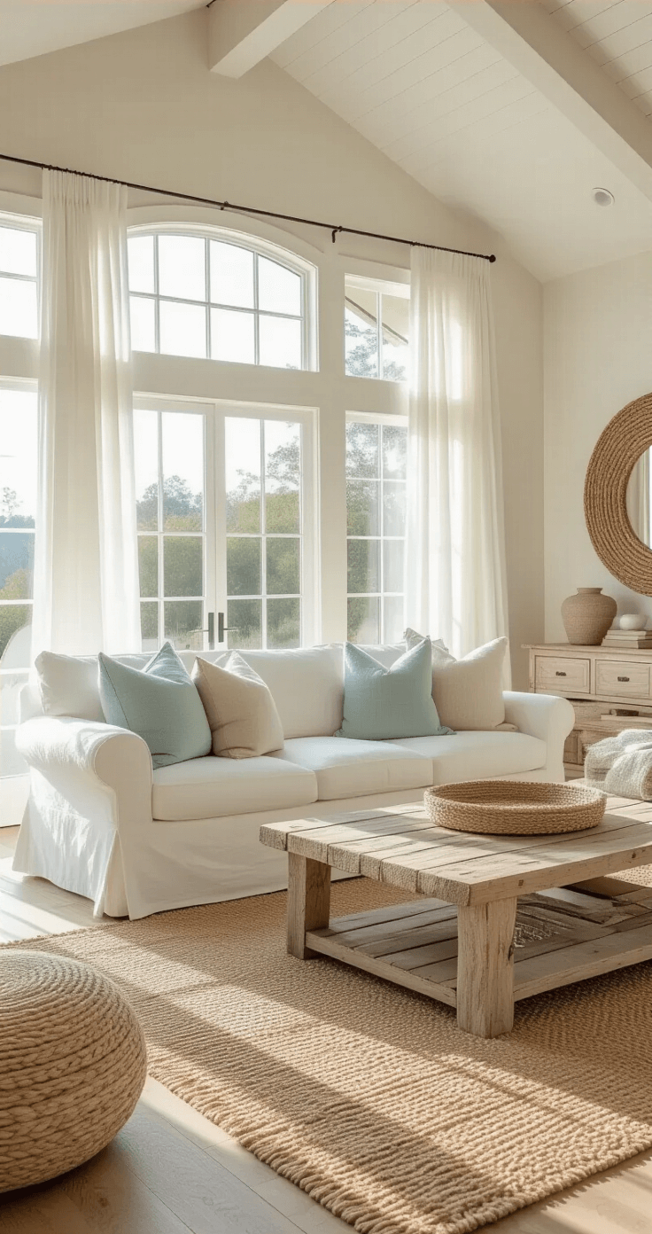 Coastal Home Decor: Transform Your Space into a Seaside Sanctuary A sunlit living room with vaulted ceilings, featuring a white slipcovered sofa, seafoam and beige pillows, a driftwood coffee table, and sheer white curtains, all illuminated by golden afternoon light.