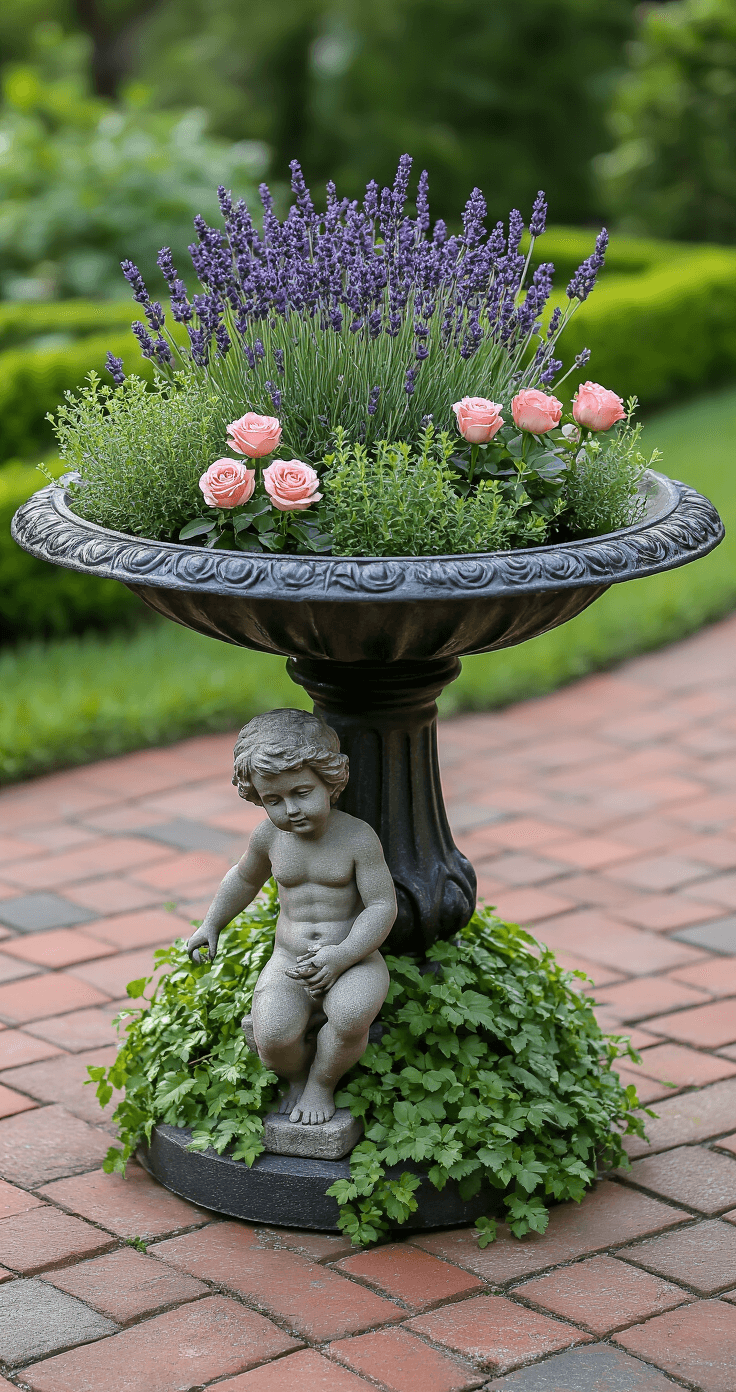 Bird Baths with Flowers: A Garden Lover's Ultimate Guide to Stunning Outdoor Decor A late afternoon garden scene featuring an antique cast iron bird bath transformed into a miniature English garden, planted with lavender, thyme, and miniature roses. The stone cherub base is partially covered in creeping jenny. A brick pathway and boxwood border are visible in the background, showcasing rich textures of aged iron, glossy leaves, stone, and delicate petals in deep charcoal, lavender purple, emerald green, and salmon pink.